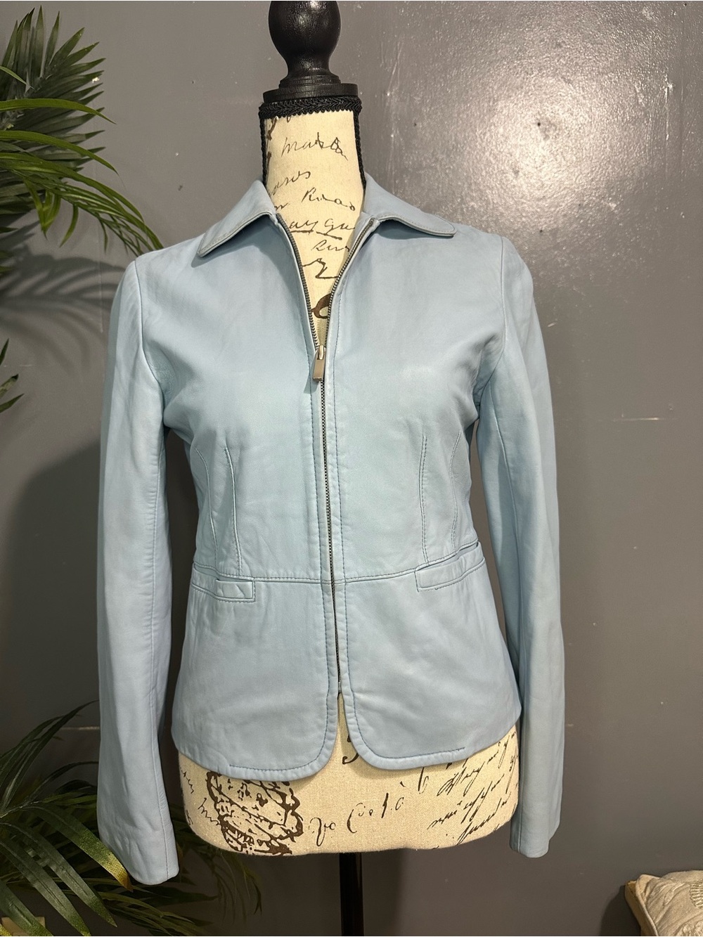 Ann Taylor Pale Blue Leather Zip Jacket